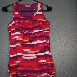 Athleta Womens Red Orange White Printed Tinker Sleeveless Tank Ruched Size XS